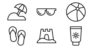 Strand Symbole. Vektor Grafik mit Designs von Regenschirm, Sandburg, Sonnenbrille, Flip Flops, Strand Ball, Sonnencreme. Symbol einstellen im Gliederung Stil
