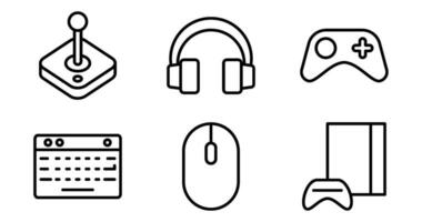 Spielen Ausrüstung Symbole. Vektor Grafik mit Designs von Joystick, Regler, Headset, Klaviatur, Maus, Konsole. Symbol einstellen im Gliederung Stil