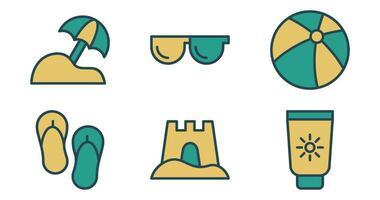 Strand Symbole. Vektor Grafik mit Designs von Regenschirm, Sandburg, Sonnenbrille, Flip Flops, Strand Ball, Sonnencreme. Symbol einstellen im gefüllt Gliederung Stil