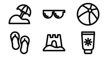 Strand Symbole. Vektor Grafik mit Designs von Regenschirm, Sandburg, Sonnenbrille, Flip Flops, Strand Ball, Sonnencreme. Symbol einstellen im Fett gedruckt Stil
