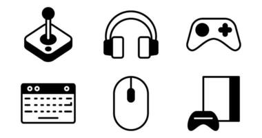 Spielen Ausrüstung Symbole. Vektor Grafik mit Designs von Joystick, Regler, Headset, Klaviatur, Maus, Konsole. Symbol einstellen im halb solide Stil