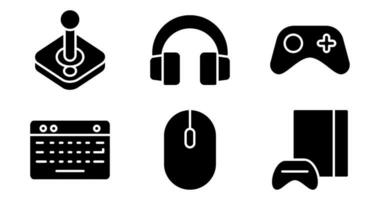 Spielen Ausrüstung Symbole. Vektor Grafik mit Designs von Joystick, Regler, Headset, Klaviatur, Maus, Konsole. Symbol einstellen im solide Stil