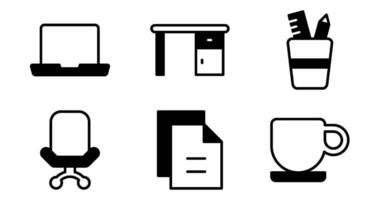 Büro Symbole. Vektor Grafik mit Designs von Laptop, Schreibtisch, Dateien, Kaffee Becher, Stuhl, Stift Halter. Symbol einstellen im halb solide Stil