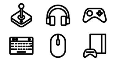 Spielen Ausrüstung Symbole. Vektor Grafik mit Designs von Joystick, Regler, Headset, Klaviatur, Maus, Konsole. Symbol einstellen im Fett gedruckt Stil