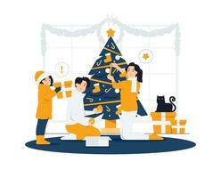 överraskad barn öppen jul gåvor fest, familj dekorera jul tall träd, vinter- högtider sammankomst firande begrepp illustration vektor