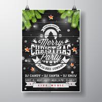 Vektor-fröhliches Weihnachtsfestdesign mit Feiertagstypographieelementen und glänzenden Sternen auf hölzernem Hintergrund der Weinlese. vektor