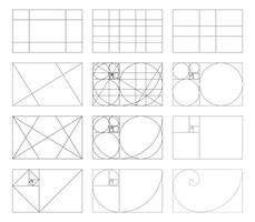 golden Verhältnis Vorlage. Methode golden Abschnitt. einstellen von Harmonie Proportionen Rechtecke. Vektor Gliederung Illustration. Fibonacci Anordnung, Zahlen. Sammlung von golden Proportionen.