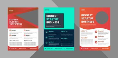 Startup-Business-Flyer-Design-Vorlagenpaket. Werbebroschüre der Wirtschaftsagentur 3 in 1 Design. Bundle, 3 in 1, A4-Vorlage, Broschürendesign, Cover, Flyer, Poster, druckfertig vektor