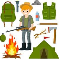 Mann Jäger mit ein Pistole. Überleben Kit im das Wald. Ausrüstung zum Jagd Tiere. Zelt, Feuer, Axt, Holz, Rucksack, Grün Kleidung, Taschenlampe. Scharfschütze mit Gewehr mit ein Umfang. vektor