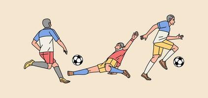 Fußball Spieler Charakter im Aktion verschiedene posiert einstellen Linie Stil Illustration vektor