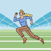 atletisk kvinna karaktär träna springa på stadion linje stil illustration vektor