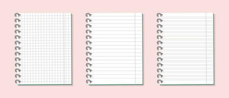 skola anteckningsbok uppsättning. mockups, tom rutig och linje anteckningsblock på rosa bakgrund. illustration, vektor