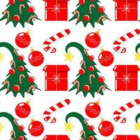 sömlös mönster, dekorerad jul träd, gåva lådor, godis på en vit bakgrund. skriva ut, textil, vektor