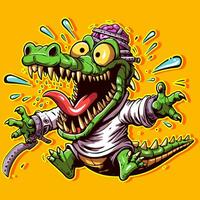 Karikatur Kunst von ein wahnsinnig Alligator im ein Zwangsjacke mit seine Mund öffnen und Gehirne. anthropomorph Krokodil Graffiti Stil entkommen von das Asyl vektor