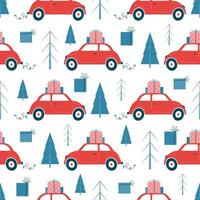 nahtloses Weihnachtsmuster mit Weihnachtsauto im Retro-Stil. Muster mit Auto, Weihnachtsgeschenke. isoliert auf weiß. Feier Konzept. Muster für Geschenkpapier, Scrapbooking, Tapeten, Stoff. vektor