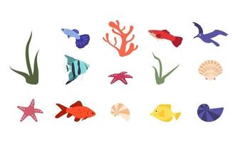 uppsättning ljusa ikoner av fisk, koraller, snäckskal och havselement. sommar marina föremål eller för akvarium och djuraffär vektor