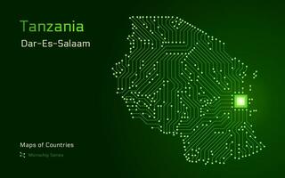 tanzania Karta med en största stad av dar es salam, och huvudstad dodoma, visad i en mikrochip mönster med processor. e-förvaltning. värld länder vektor Kartor. mikrochip serier