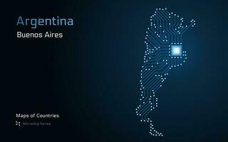 argentina Karta med en huvudstad av buenos sänds visad i en mikrochip mönster med processor. e-förvaltning. värld länder vektor Kartor. mikrochip serier.