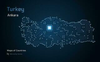 Kalkon Karta med en huvudstad av ankara visad i en mikrochip mönster med processor. e-förvaltning. värld länder vektor Kartor.