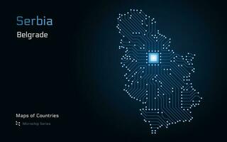 serbia Karta med en huvudstad av Belgrad visas i en mikrochip mönster med processor. e-förvaltning. värld länder vektor Kartor. mikrochip serier