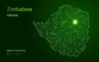 zimbabwe Karta med en huvudstad av harare visad i en mikrochip mönster med processor. e-förvaltning. värld länder vektor Kartor. mikrochip serier