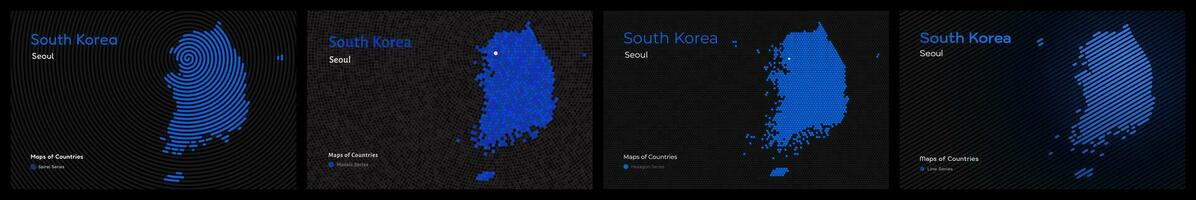 kreativ Karte einstellen von 4 Stile von Süd Korea. Hauptstadt Seoul. Hauptstadt. Welt Länder Vektor Karten Serie. schwarz