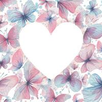 fjärilar är rosa, blå, lila, flygande, delikat med vingar och stänk av måla. hand dragen vattenfärg illustration. hjärta form ram, mall på en vit bakgrund, för design. vektor