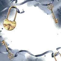 gyllene lås med nycklar, band, fläckar och stänk. hand dragen vattenfärg illustration. ram, fyrkant mall för text på en vit bakgrund vektor