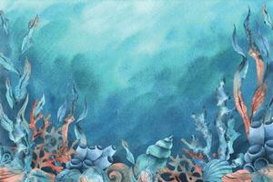 under vattnet värld ClipArt med hav djur val, sköldpadda, bläckfisk, sjöhäst, sjöstjärna, skal, korall och alger. hand dragen vattenfärg illustration. uppsättning av isolerat objekt på en blå bakgrund vektor