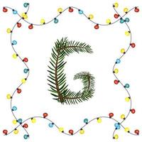 Buchstabe g aus grünen Weihnachtsbaumzweigen. festliche Schrift und Rahmen aus Girlande, Symbol für ein frohes neues Jahr und Weihnachten, Zeichen aus Alphabet vektor