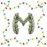 bokstaven m från gröna julgransgrenar. festligt teckensnitt och ram från krans, symbol för gott nytt år och jul, tecken från alfabetet vektor
