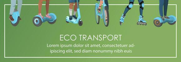 vektor webb baner med invånare ridning elektrisk transport. ben på gyrobrädor, cyklar, skotrar, skateboards. grön eco transport baner mall, bild och text