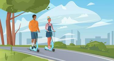 draussen Freizeit Aktivitäten. Paar mit elektrisch gehen Roller auf das Stadtbild. Vektor Illustration im eben Stil. umweltfreundlich Transport im ein modern Stadt.