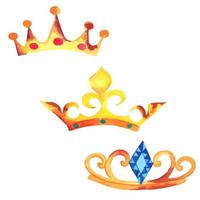 Satz Goldkrone mit Rost. Aquarell der Krone der Monarchie mit blauen Ornamenten und Schnörkeln vektor