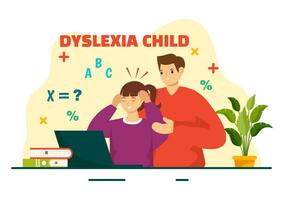 dyslexi barn vektor illustration av barn dyslexi oordning och svårighet i inlärning läsning med brev flygande ut i platt tecknad serie bakgrund