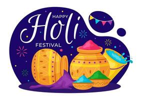 glücklich holi Festival Vektor Illustration mit bunt Topf und Pulver im Hindi im Farben Feier eben Karikatur Hintergrund Design
