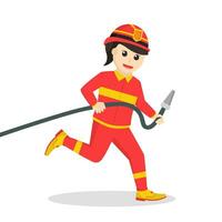 brandman kvinna springa och innehav vatten slang vektor