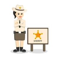 sheriff kvinna med sheriff tecken design karaktär på vit bakgrund vektor