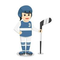 Hockeyspieler, der Stockhockey-Designcharakter auf weißem Hintergrund hält vektor