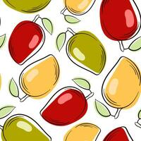 Mango Obst Linie Kunst mit Blätter Vektor Hintergrund nahtlos Muster. Vektor Muster zum Textil, drucken, Stoff, Hintergrund, Hintergrund.