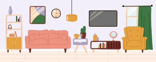 Leben Zimmer Innere Design mit Möbel Sofa, Bücherregal, Fernseher, Lampe, Fenster, Sessel. eben Gekritzel Stil Vektor Illustration