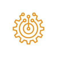 eps10 Orange Technologie Ausrüstung Konzept Geschäft Vektor Logo Vorlage Design. Zahnrad Mechaniker Gliederung unterzeichnen. Computer Netzwerk SEO Linie Kunst Symbol isoliert auf Weiß Hintergrund. Suche Motor Optimierung.