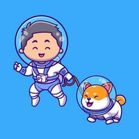 söt pojke astronaut flytande shiba inu hund tecknad serie vektor ikon illustration. människor djur- ikon begrepp isolerat premie vektor. platt tecknad serie stil