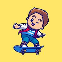 söt pojke spelar med skateboard tecknad serie vektor ikon illustration. människor sport ikon begrepp isolerat premie vektor. platt tecknad serie stil