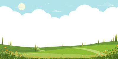 Frühling Landschaft mit Blume, Baum im Park, Cartoon Vektor Illustration Grün Gras Wiese auf Hügel mit Wolke Blau Himmel, Banner Natur Bauernhof Rasen Feld Blühen im Garten beim Dorf im sonnig Tag Sommer-