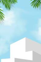 himmel blå och moln med handflatan löv och vit podium steg, plattform 3d attrapp visa steg för sommar kosmetisk produkt presentation för försäljning, marknadsföring, scen natur vår himmel med byggnad vägg vektor