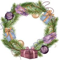 jul ram av gran grenar med ornament, boll digital illustration. tall grenar i de form av en cirkulär ram. krans av gran och gåva lådor isolerat på vit. element för hälsning vektor