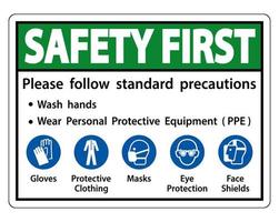Sicherheit zuerst Bitte befolgen Sie die Standardvorkehrungen, waschen Sie sich die Hände, tragen Sie persönliche Schutzausrüstung PPE, Handschuhe Schutzkleidung Masken Augenschutz Gesichtsschutz vektor
