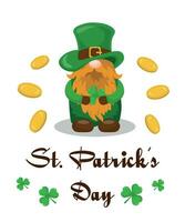 Lycklig st. Patricks dag hälsning kort med en gnome.st Patricks dag leprechaun.irish älva. illustration, hälsning kort, vektor