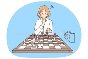 Clever Mädchen spielen Schach. klug jung Frau sitzen beim Schreibtisch genießen logisch Tafel Spiel. Wissen und Hobby. Vektor Illustration.